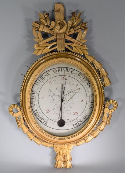 null Barometer in carved and gilded wood, oval shape topped by a couple of doves...
