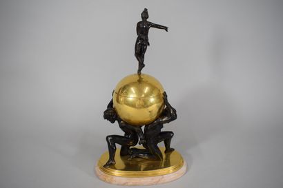 null Spherical brass urn held by two bronze Atlases, the goddess Fortune (lacking...