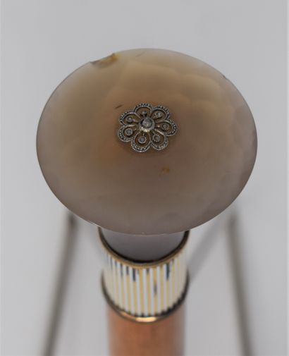 null Agate and enamel cane knob decorated with a flower.

Height : 5,5 cm.

Damage...