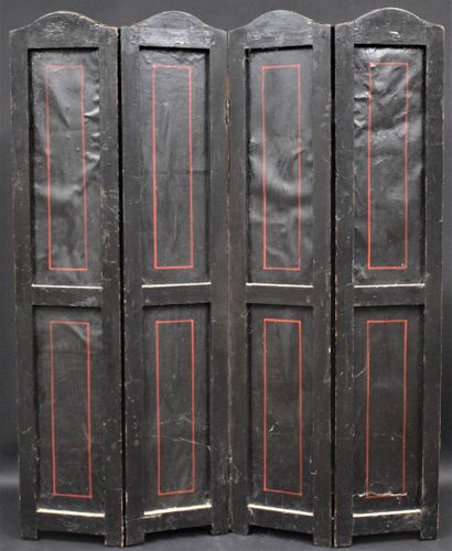 null A pair of three-panel rectangular screens covered with painted leather with...