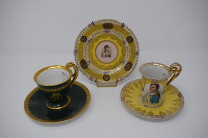 Two cups and saucers, 

One with a yellow...