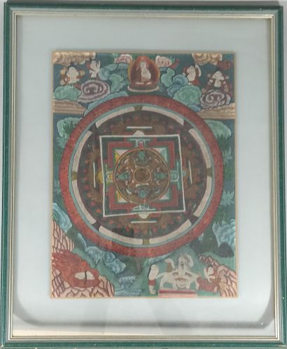 null Tangka, tempera on fabric, mandala surrounded by clouds, surmounted by a lama...