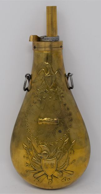 Powder flask in embossed brass decorated...