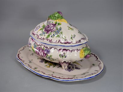 null Soup tureen and its server in earthenware with decoration of a rose and flowers,...