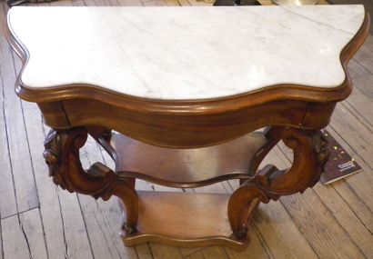 null Veneer console, one drawer in the belt, white marble top. Late 19th century...