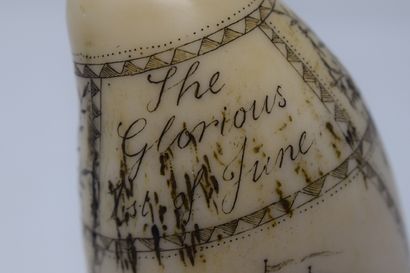 null Engraved walrus tooth souvenir of Admiral Howe (1726-1799), "The Brunswiek

H.:...