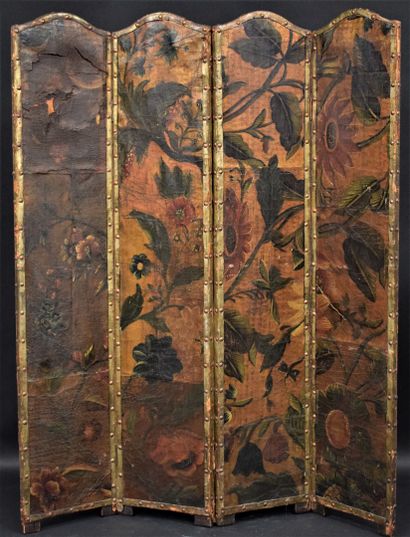 null A pair of three-panel rectangular screens covered with painted leather with...