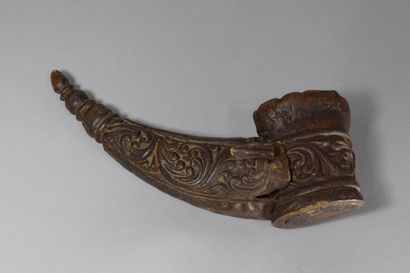 null Horn case carved with scrolls, consisting of a horn and a cup connected by a...