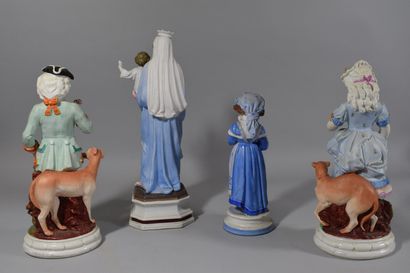 null Set of 4 figures in painted biscuit:

- Virgin and child, H: 35 cm

- Girl and...
