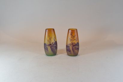 Deux vases en verre décor paysage peint