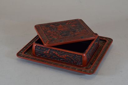 null Red lacquer box with Chinese decoration and its tray



Box: H. 4,5 cm; W. 13...