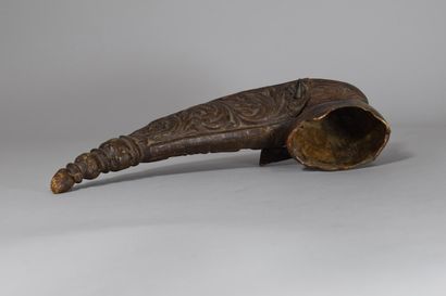 null Horn case carved with scrolls, consisting of a horn and a cup connected by a...