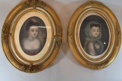 Pair of portraits of women in oval frames,...