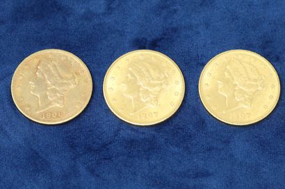 null 3 gold coins of 20 dollars "Liberty Head double Eagle" 1906, 1907x2.

Weight...