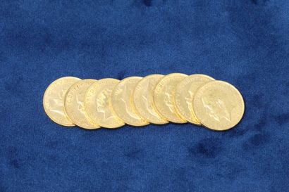 null 8 Gold Sovereigns George V 1911x2, 1916, 1917x2, 1918, 1930x2.

Weight : 63.92g.

TTB...