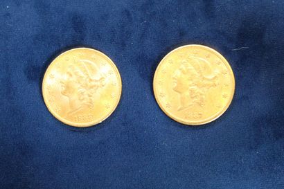 null 
2 pièces en or de 20 dollars ""Liberty Head double Eagle"" 1888 et 1887
Poids...