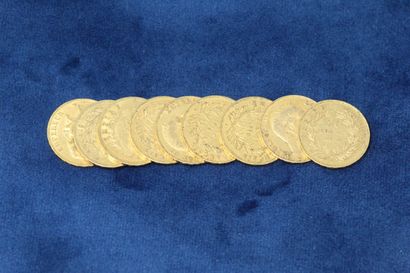 null 9 pièces en or de 20 Francs Napoléon III tête nue, 1853 A, 1854 A x4, 1855 A,...