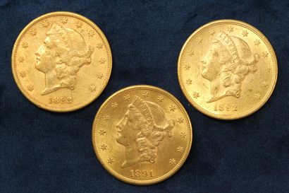 null 3 pièces en or de 20 dollars "Liberty Head double Eagle" 1891 (San Francisco),...
