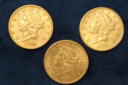 null 3 gold coins of 20 dollars "Liberty Head double Eagle" 1887 (San Francisco),...