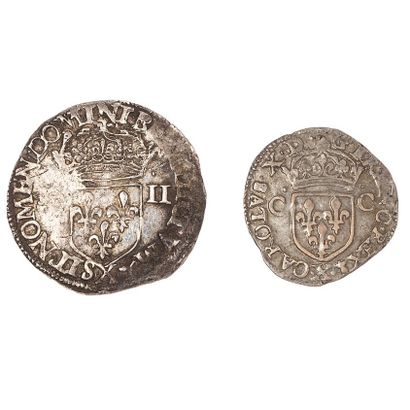 null Charles X (1589 - 1590)

Lot of 2 coins : 

- Quarter of ecu 1590 X. (Dup. :...
