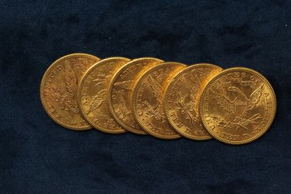null 6 gold coins of 10 dollars "Coronet Head Eagle" 1887 (San Francisco), 1888 (San...