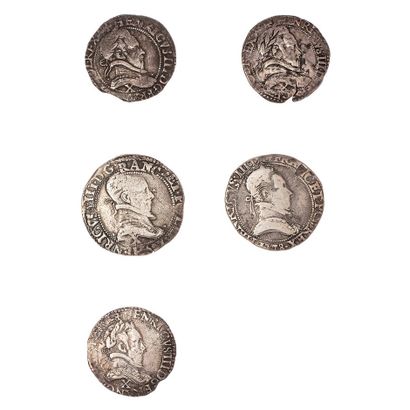 null Henri III (1574-1589)

Lot de 5 monnaies d'argent. 

- Francs : 1578 et 1580...