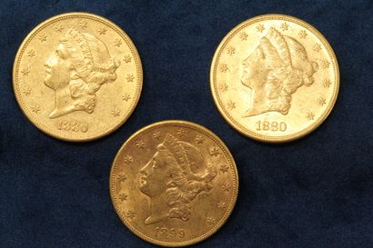 null 3 gold coins of 20 dollars "Liberty Head double Eagle" 1880 (Sans Francisco)...