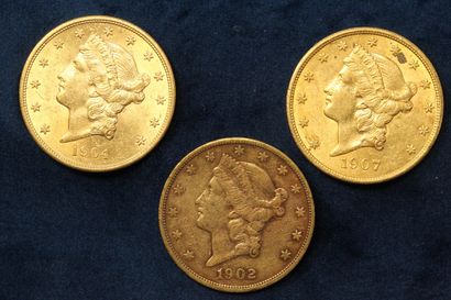 null 3 gold coins of 20 dollars "Liberty Head double Eagle" 1902 (Philadelphia),...