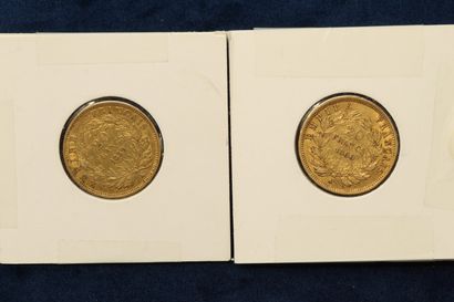 null Lot de 2 pièces en or de 20 Francs Napoléon III tête nue 1859 A, 1860 A.

TB...