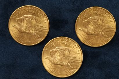 null 3 gold coins of 20 dollars "Saint Gaudens double Eagle" 1908 (Philadelphia)...