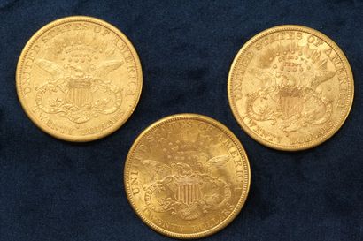 null 3 gold coins of 20 dollars "Liberty Head double Eagle" 1882 (San Francisco),...