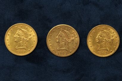 null 3 Gold 10 dollar "Coronet Head Eagle" coins 1901 (San Francisco), 1907 (Philadelphia)...