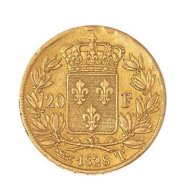null CHARLES X

20 francs gold, 1828 T (Nantes, five-leaf variety)

The Franc : 521-3.

One...