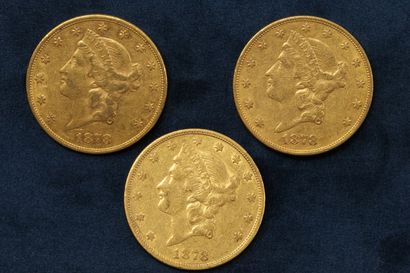 null 3 gold coins of 20 dollars "Liberty Head double Eagle" 1878 (San Francisco)...