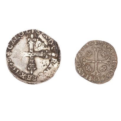 null Charles X (1589 - 1590)

Lot of 2 coins : 

- Quarter of ecu 1590 X. (Dup. :...