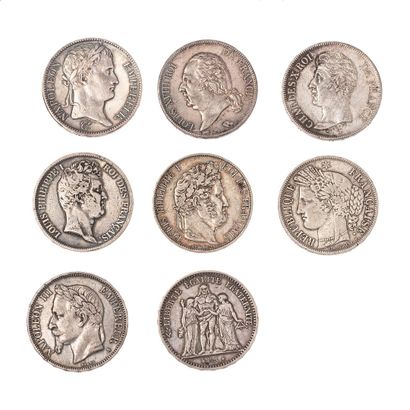 null Lot of 8 pieces of 5 francs silver 

1812K, 1821A, 1826W, 1831A (non laureate),...