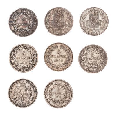 null Lot de 8 pièces de 5 francs argent 

1812K, 1821A, 1826W, 1831A (non lauré),...