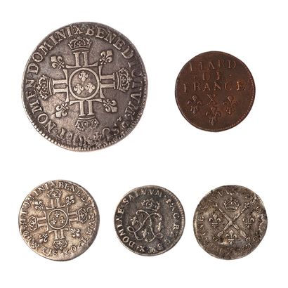 null Louis XIV (1643-1715)

Lot of 5 coins : 

- Half-Ecu at 8L 2nd type 1704 X reformation....