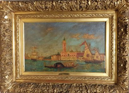 null GÉRARD Henry, 1860-1925, 

Bateaux à Venise, 

huile sur isorel (petite restauration),...