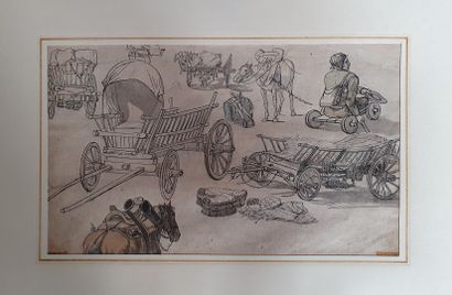 null ECOLE XIXeme siècle 

Etude de charettes, chevaux et de personnages

Encre,...