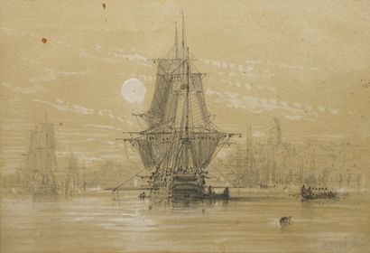 null NOËL Jules, 1810-1881,

Navires près d'un port au clair de lune,

crayon noir...