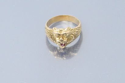 null 18k (750) yellow gold ring styling a lion's head holding a ruby in its mouth....