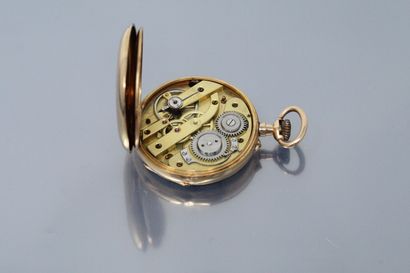 null 18K (750) yellow gold pocket watch with white enamel dial, Roman numerals for...