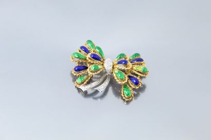  18K (750) yellow and white gold "knot" brooch with blue and green enamel, partially...