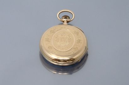 null 18K (750) yellow gold pocket watch with white enamel dial, Roman numerals for...