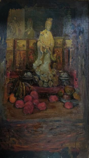 null MODERN SCHOOL, 20th century 

Altar with divinity 

Oil on canvas unsigned 

traces...
