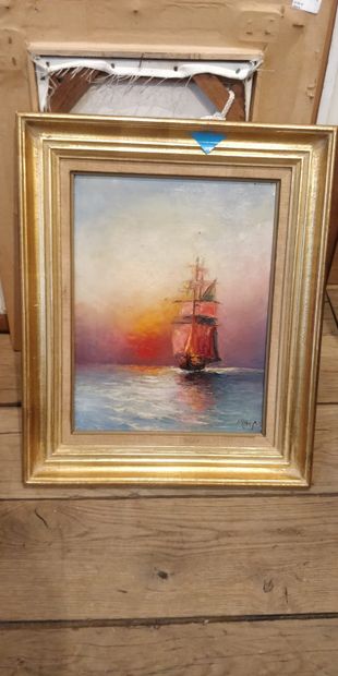  MESSAYER ? 
Boat at sunset, 
Oil on canvas signed lower right, 
34.5x27cm 
Important...