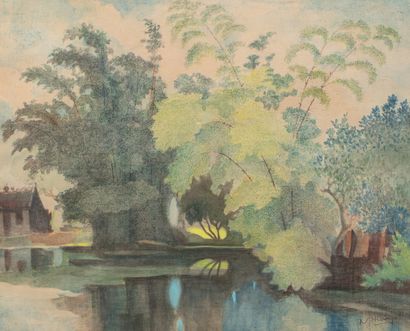 null N'HUONG, 20th century,

Trees by a lake, 1981,

gouache on lined silk (bubbles...