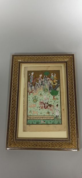 null Enluminure persane à décor d'une scène de chasse au faisan.

H./ 28,5 cm - L.:...