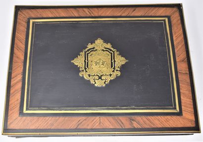 null 
Rectangular game box in blackened wood, rosewood veneer, nets and central medallion...